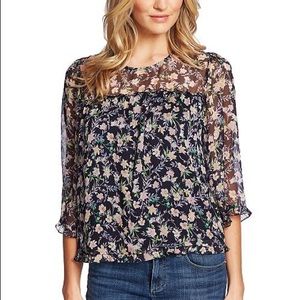 Navy Floral Print Ruffle Bouse